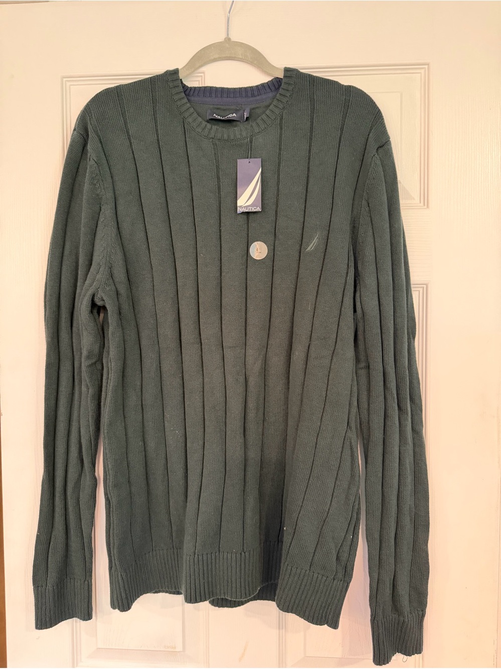 NWT Nautica Men’s Large 100% Cotton Ribbed Crewneck Sweater Dark Green
